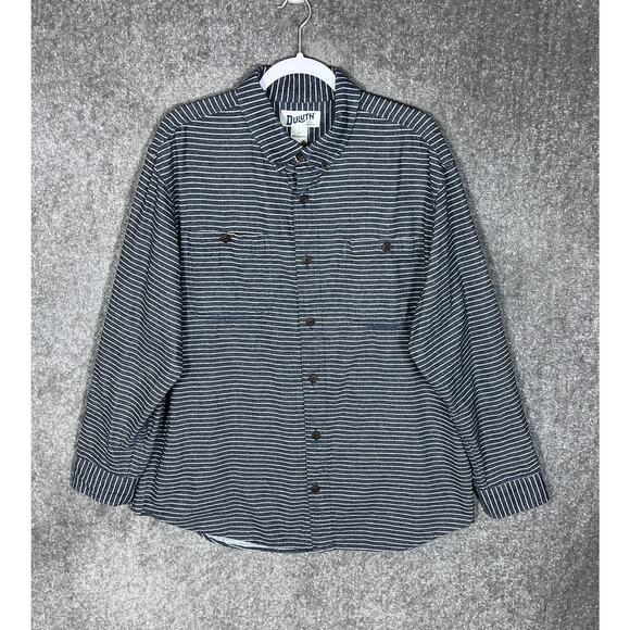 Duluth Trading Free Swingin Striped Shirt Mens‎ Size L Relaxed Blue Button Down - Picture 1 of 8